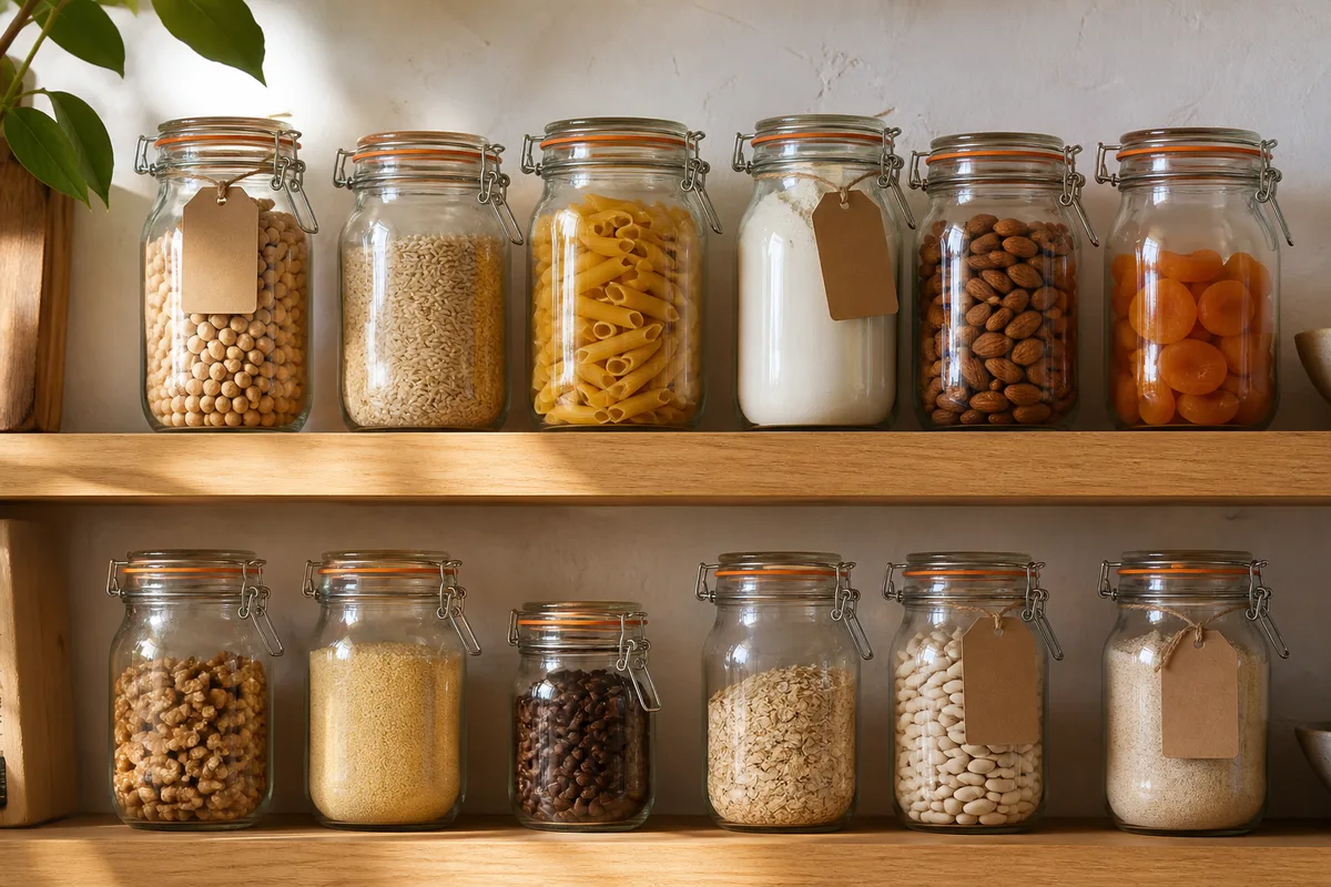 Bocaux en verre hermétiques alignés sur une étagère de cuisine en bois