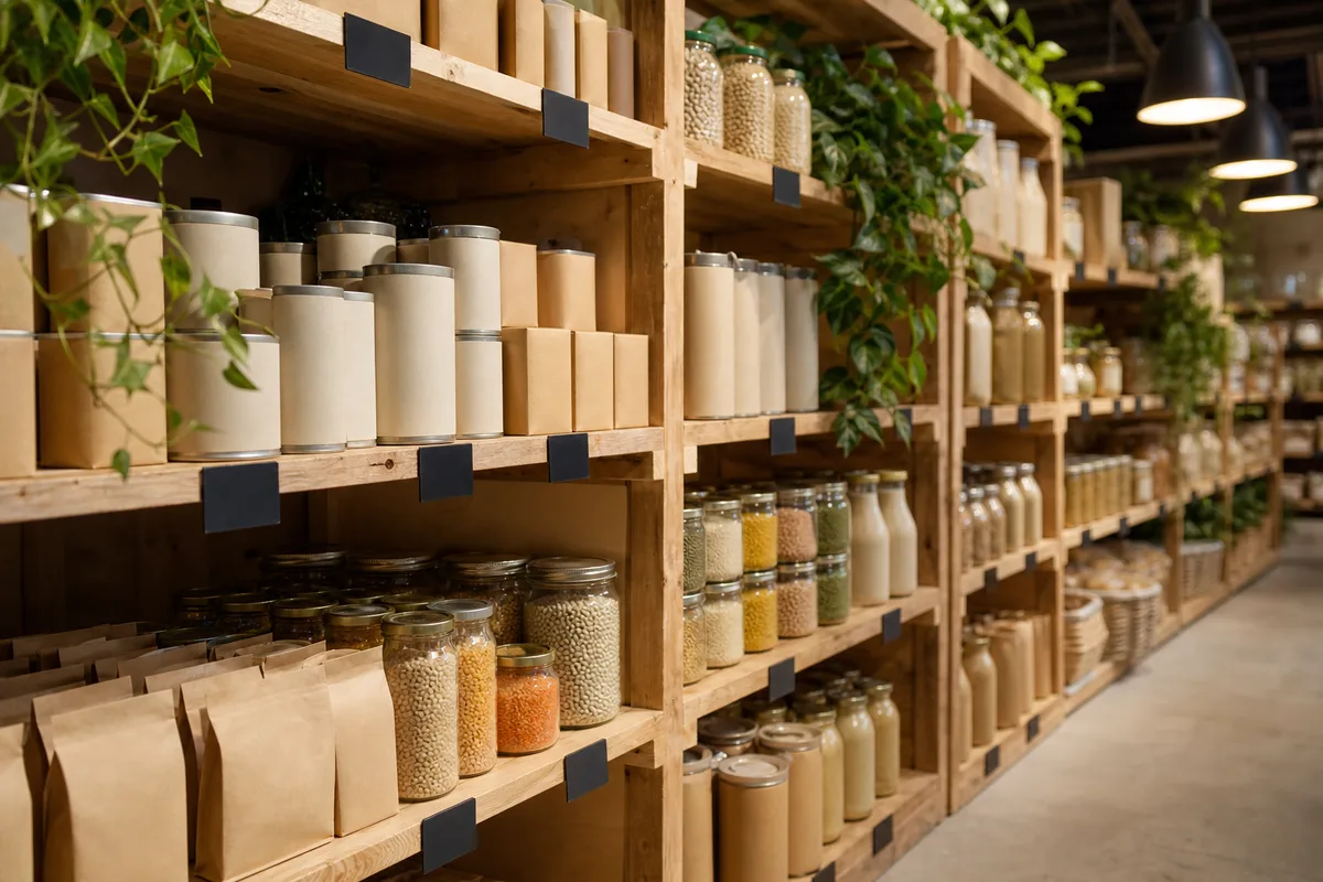 Rayon de produits biologiques transformés avec étiquettes visibles dans une épicerie