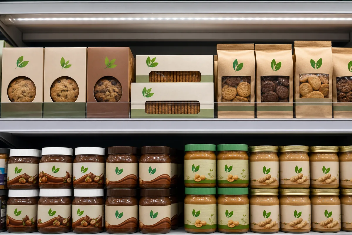 Rayon d’épicerie bio avec produits transformés emballés et logo AB visible sur les étiquettes