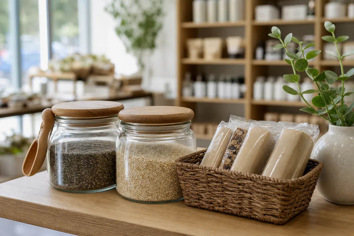 Barres protéinées et graines de chia en vrac présentées sur un étal de magasin