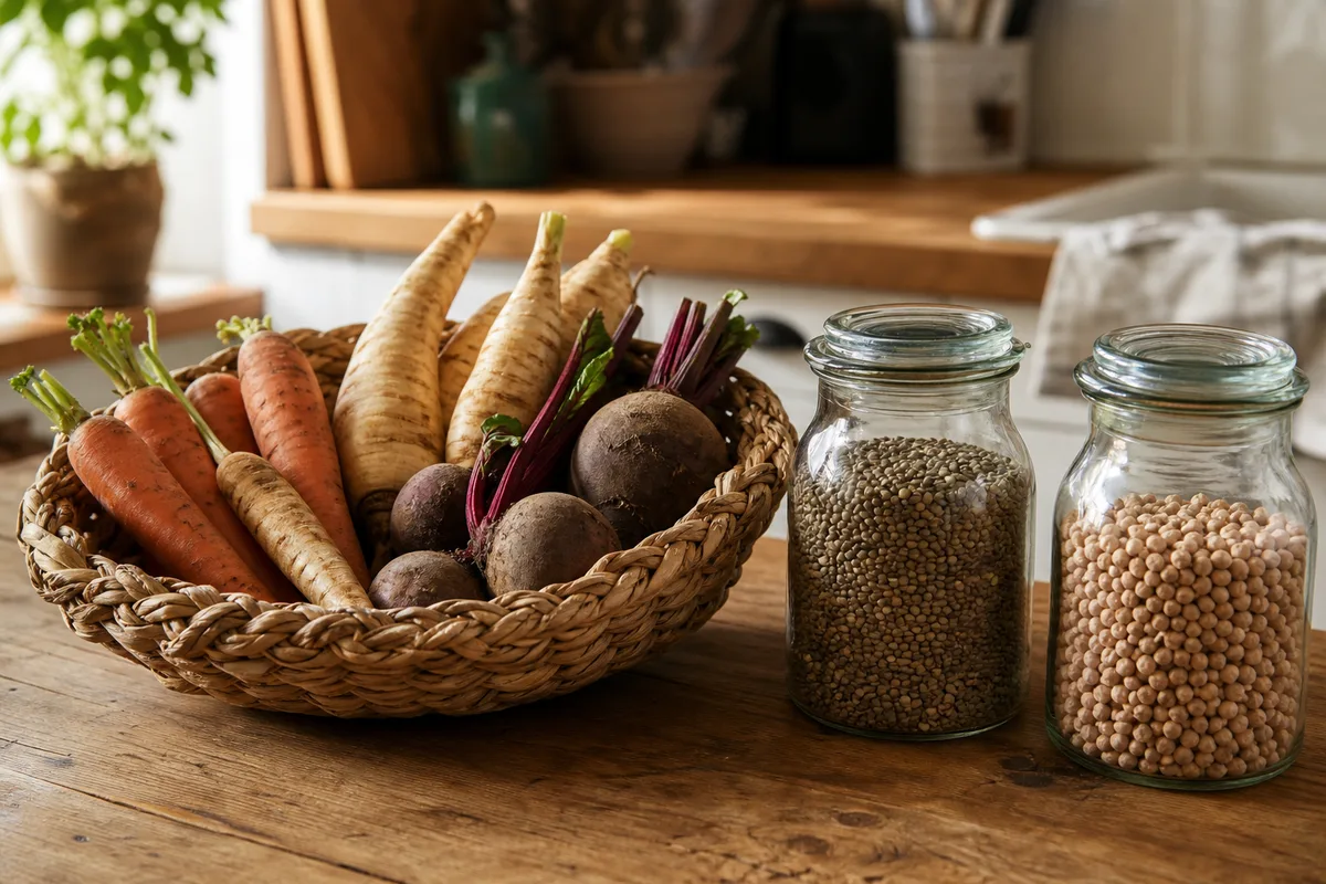 Panier de légumes bruts et légumineuses en vrac posé sur une table de cuisine en bois