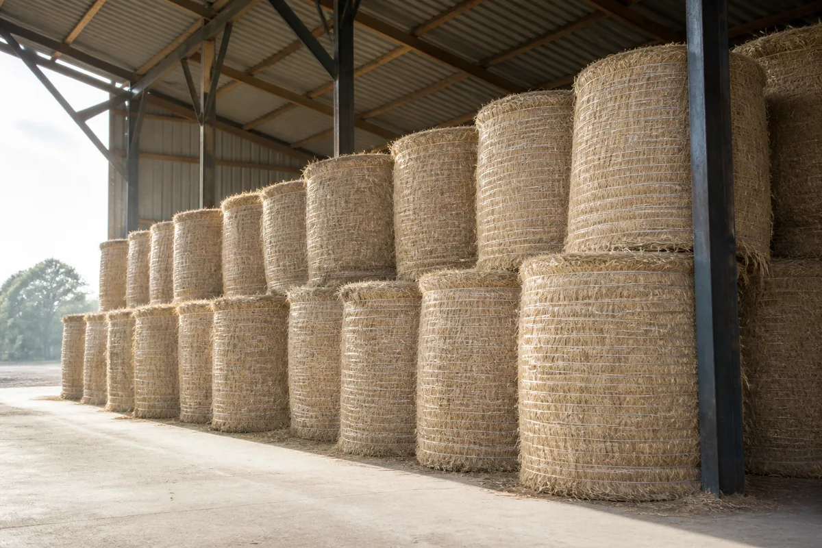 Balles rondes de paille de chanvre empilées dans un hangar agricole