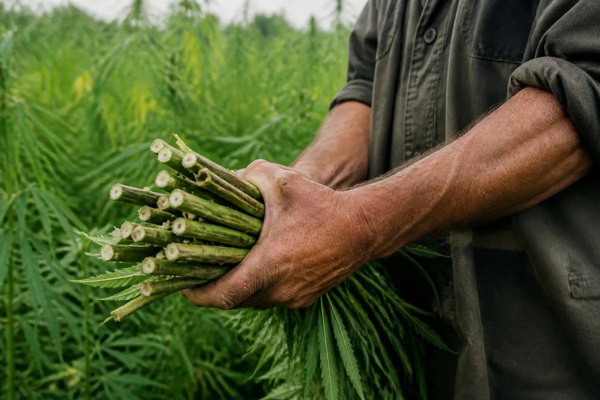 Mains d&rsquo;un producteur tenant une brassée de tiges de chanvre fraîchement coupées