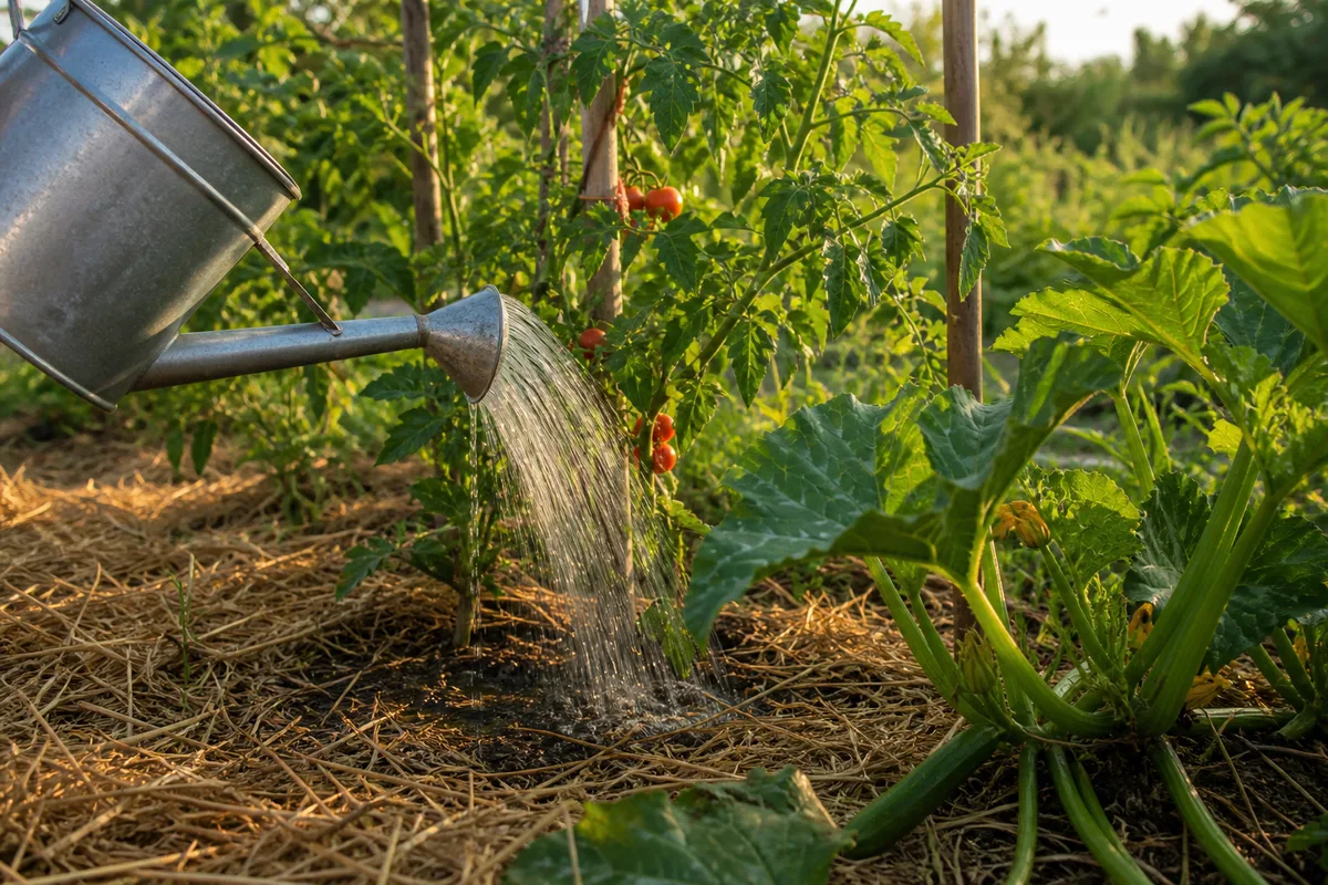 Rangs de tomates et de courgettes arrosés au pied avec un arrosoir dans un potager en été