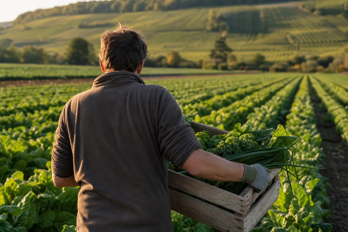 Maraîcher récoltant des légumes dans une exploitation bio de Côte-d’Or