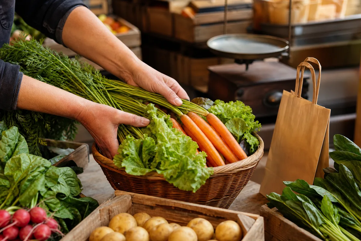 Préparation de paniers de légumes en vente directe dans un point de retrait