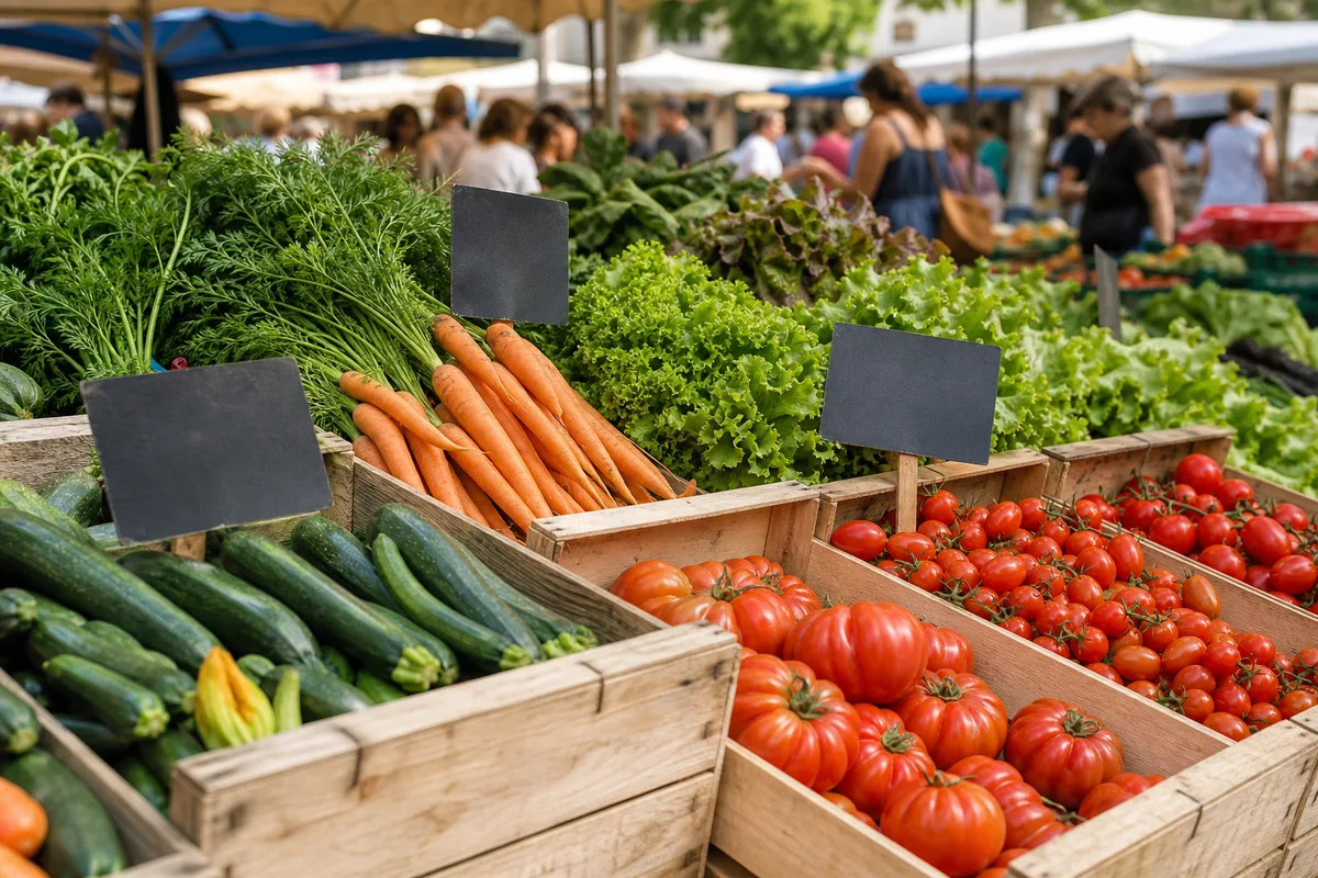 Étal de fruits et légumes biologiques sur un marché de plein vent en France