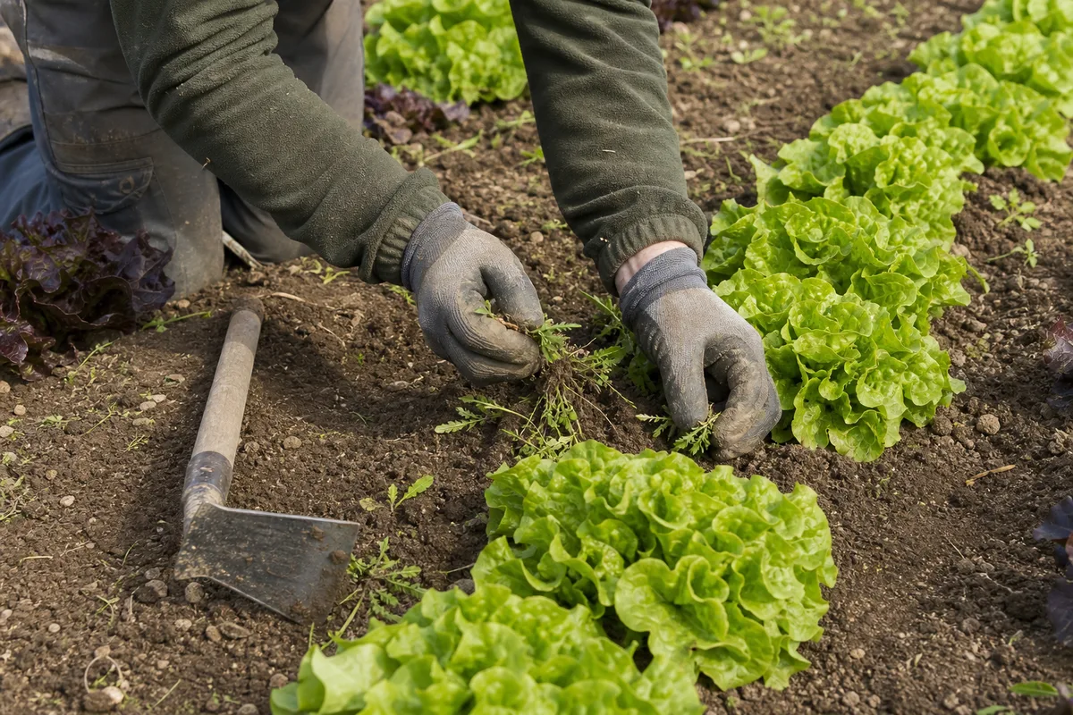 Maraîcher désherbant manuellement une planche de légumes dans un champ biologique