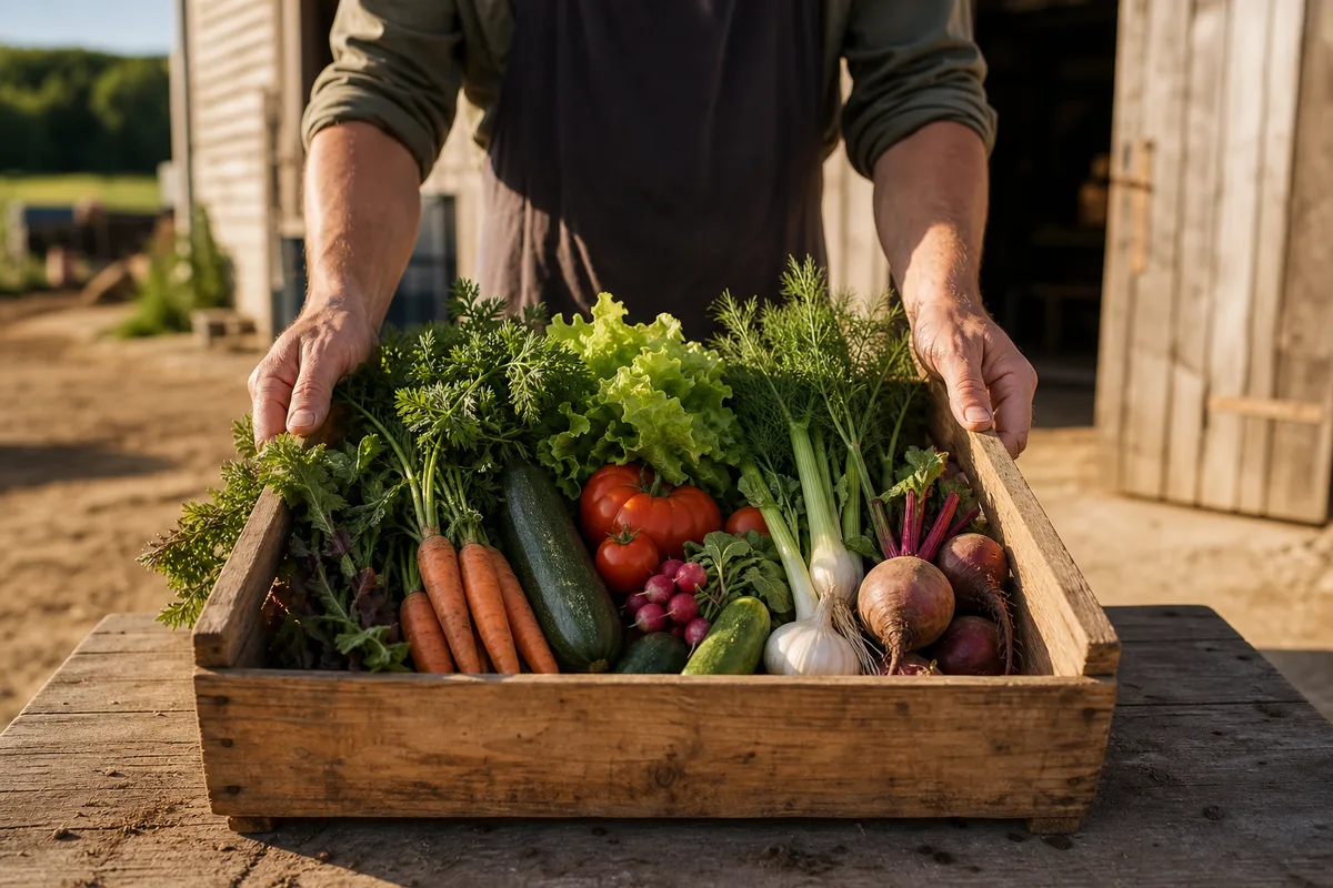 Panier de légumes biologiques remis en vente directe à la ferme