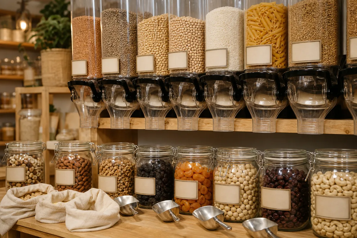 Rayon vrac d&rsquo;une épicerie biologique avec bocaux de céréales et légumineuses